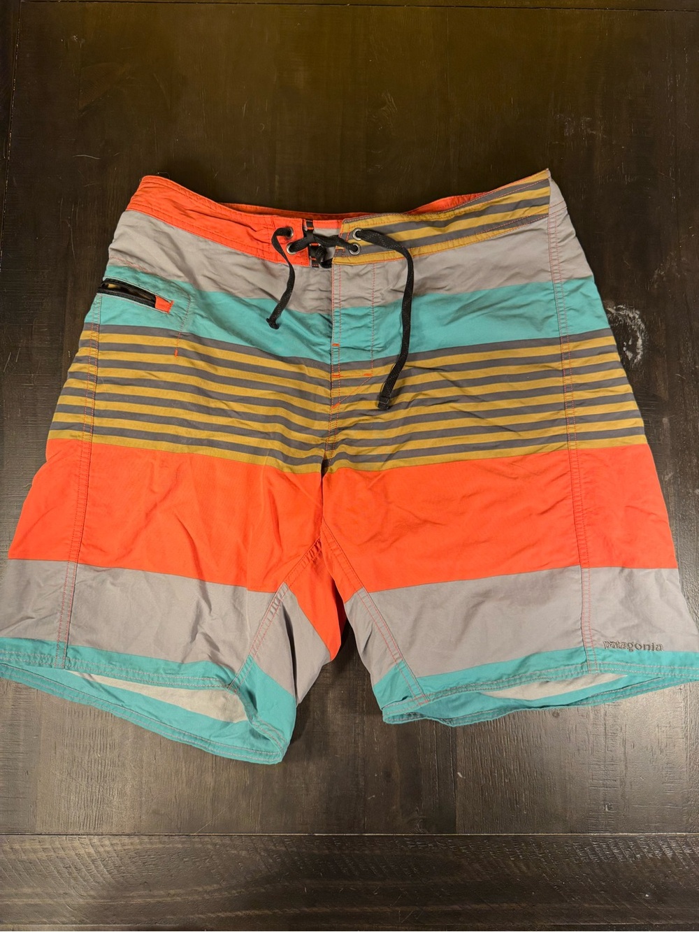 Patagonia Men's Wavefarer Board Shorts 33 Striped Orange Teal Grey Swim Trunks